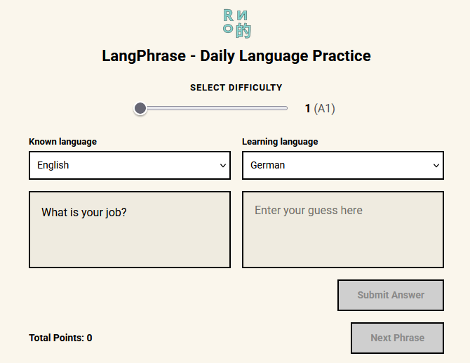 A screenshot of the LangPhrase website interface.